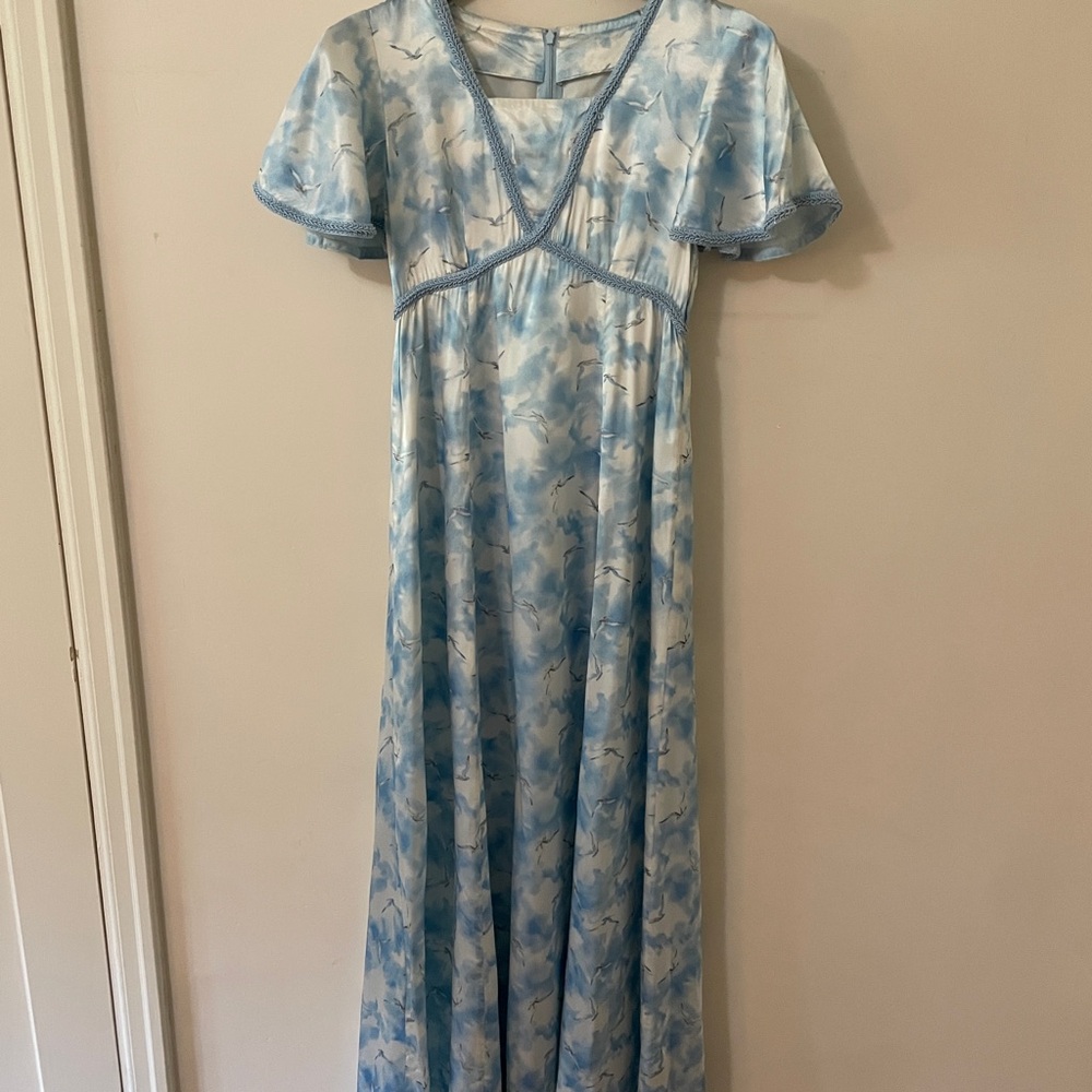 Ethereal Bird and Cloud Print Satin Empire Waist Renfair Bridgerton Dress